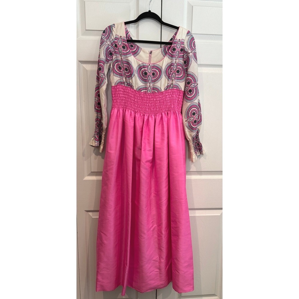 Vintage 1970s Maxi Dress Hot Pink White Paisley Long Sleeve Smocked Waist